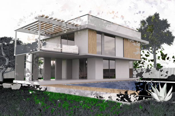 istock Architectural Sketch Concept Half Drawing Modern Summer Villa with Pool 1388932564