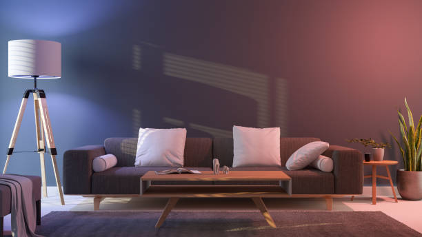 moderno interior de la sala de estar por la noche con coloridas luces de neón - living room blue sofa carpet fotografías e imágenes de stock