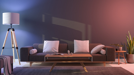 Modern Living Room Interior At Night With Colorful Neon Lights. 3D Render