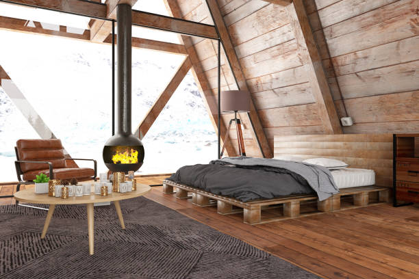 Cozy Bedroom in Wooden Tiny House with a Winter View and Fire Place Cozy Bedroom in Wooden Tiny House with a Winter View and Fire Place. 3D Render triangle building stock pictures, royalty-free photos & images