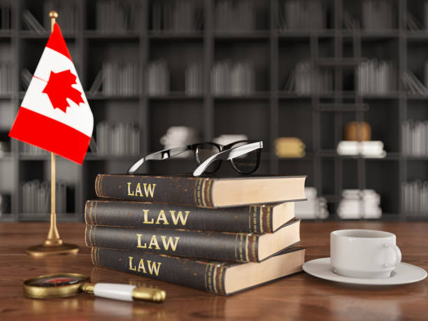 カナダ国旗の図書館にある法と正義の本 - canadian flag flag trial justice ストックフォトと画像