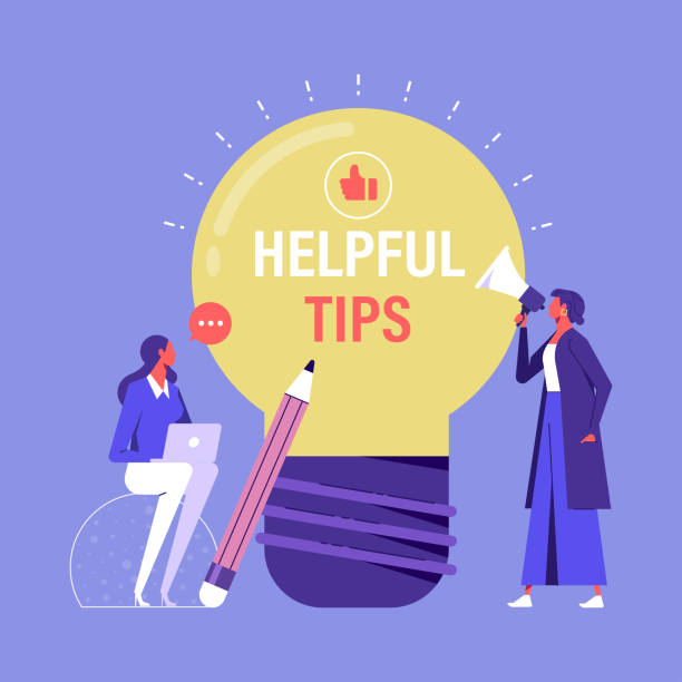 Helpful tips vector concept Helpful tips concept, businesswoman speaking through megaphone, young woman asking questions via laptop. Frequently asked questions FAQ convenience stock illustrations