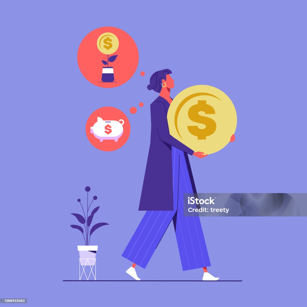 Saving and investing money concept Saving and investing money concept, woman holding a big coin and choose between saving or investment, Future financial planning Financial Literacy stock vector