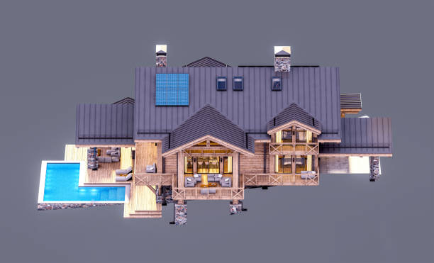istock 3d rendering of modern cozy chalet in evening isolated on gray 1388934836