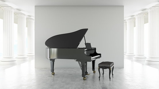 Grand Piano in Empty White Hall. 3D Render