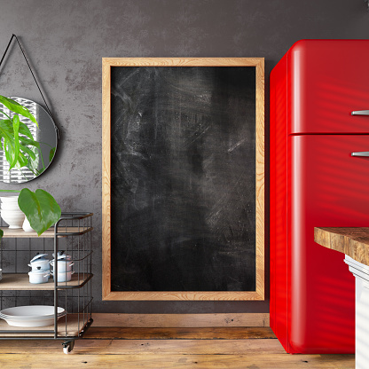 Cozy Kitchen with a Red Retro Fridge and Blank ChalkBoard. 3D Render