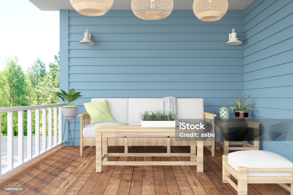 Cozy Terrace with Bamboo Furniture 3D Render Porch Stock Photo