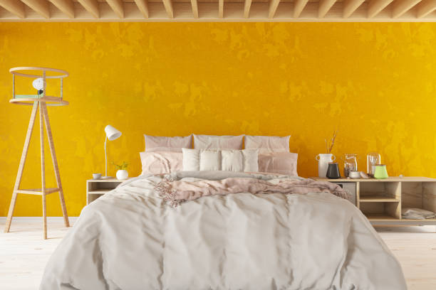 istock Scandinavian Style Loft Empty Bedroom Interior with Yellow Walls 1388936375