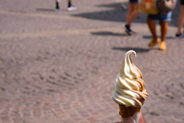 istock Coconut caramel ice cream on the Avignon cobblestones background. 1388936441