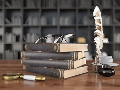 History Research in Library Concept Old Book Magnifier and Quill Pen. 3D Render