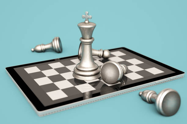 Online Chess Concept with Digital Tablet and chess Pieces. 3D Render
