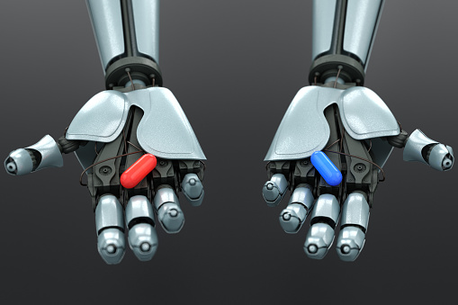 AI Concept Robot's Hand Offering Red and Blue Pills. 3D Render