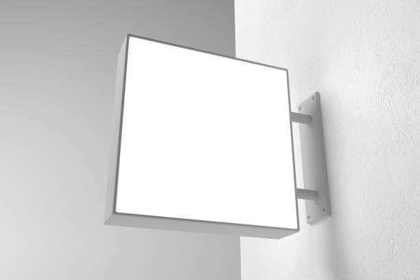 istock 3D rendering of a hanging white wall sign, square billboard, signboard on a gray background 1388937632