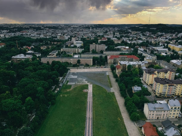 istock Mars field monument for Soviet soldiers in Lviv or Lvov, Ukraine in down town, looking from above. Aerial photo of monument next to Lychakiv Cemetery in Lviv. 1388937708