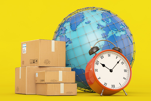 World Wide Delivery on Time Concept with Cargo Boxes and Alarm Clock and Globe. 3D Render