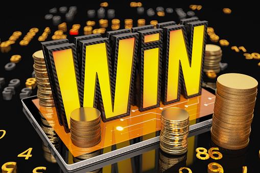 Neon Win Sign with Golden Coins and Digital Tablet .3D Render