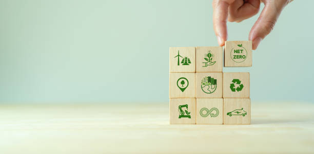 istock Net zero and carbon neutral concept. Net zero greenhouse gas emissions target. Climate neutral long term strategy.  Putting wooden cubes with green net zero and save world icon on grey backgroud. 1388939185