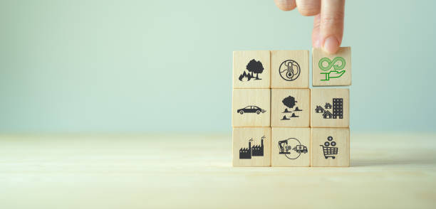 istock Circular economy concept. Business and environment sustainable. Climate changing problem solving goals.Stacking wooden cube with eco infinity and environment sustainable symbols on smart backgound. 1388939188
