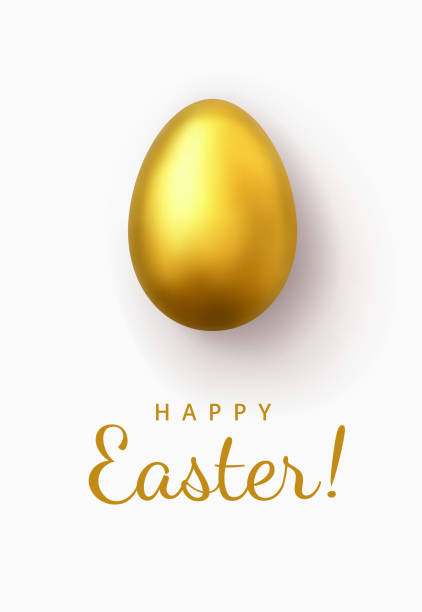 illustrazioni stock, clip art, cartoni animati e icone di tendenza di uovo d'oro realistico isolato su sfondo bianco. biglietto di auguri con uovo di pasqua in oro lucido primo piano e testo di auguri - buona pasqua! - easter greeting card eggs illuminated