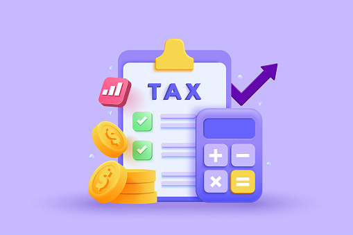 Tax payment and business tax concept. Coin stacks, calculator and tax form on purple background. 3d vector illustration