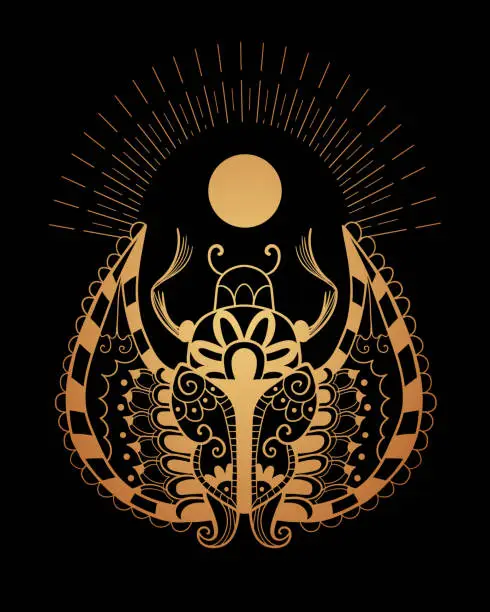 Vector illustration of Illustration of a Egyptian scarab. Henna tattoo art style image.
