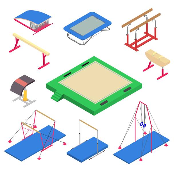 Gymnastics equipment icons set, isometric style Gymnastics equipment icons set. Isometric set of gymnastics equipment vector icons for web design isolated on white background gymnastics equipment stock illustrations