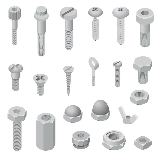 Screw-bolt icons set, isometric style Screw-bolt icons set. Isometric set of screw-bolt vector icons for web design isolated on white background screw stock illustrations