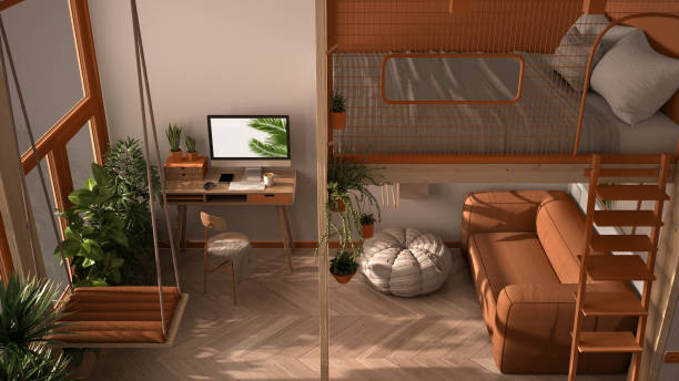istock Minimalist studio apartment with loft bunk double bed, swing. Living room with sofa, home workplace, desk, computer. Windows with plants, white and orange interior design, top view 1388946716