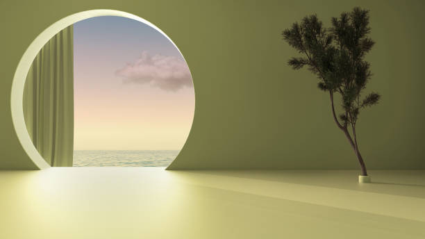 istock Imaginary fictional architecture, interior design of empty space with round arched window with curtain, concrete green walls, potted pine tree, sunrise sunset sea panorama with cloud 1388946739