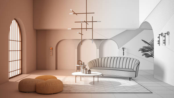 istock Architect interior designer concept: unfinished project that becomes real, elegant classic living room with archways and arched door. Sofa with pouf, carpet. Modern design idea 1388946744