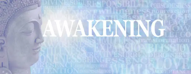 pale blue side facing Buddha head next to a word cloud relevant to AWAKENING on a soft blue bokeh background