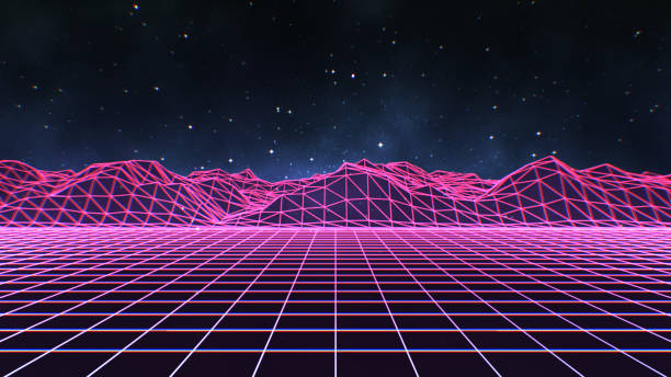 Universe Retro Futuristic 80's Background 4K Neon Terrain Grid In Space synthpop stock pictures, royalty-free photos & images