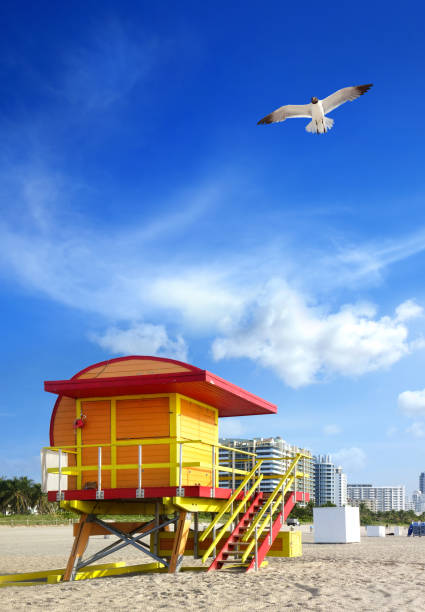 colorida cabaña de salvavidas en la playa de arena tropical de miami - scenics building exterior tourist resort orange fotografías e imágenes de stock