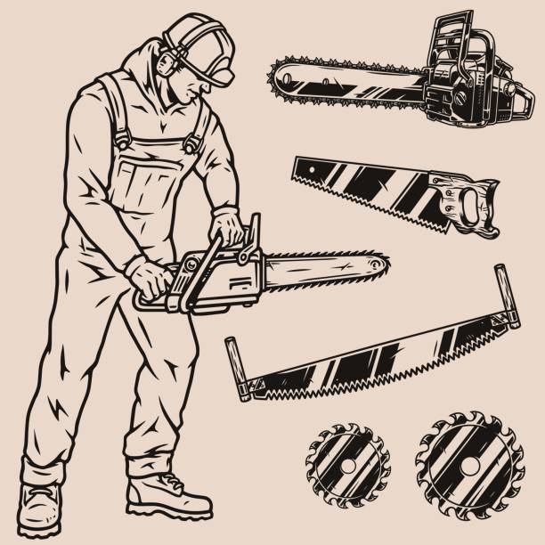 illustrations, cliparts, dessins animés et icônes de collection de pièces de menuiserie et d’outils de travail - tronçonneuse