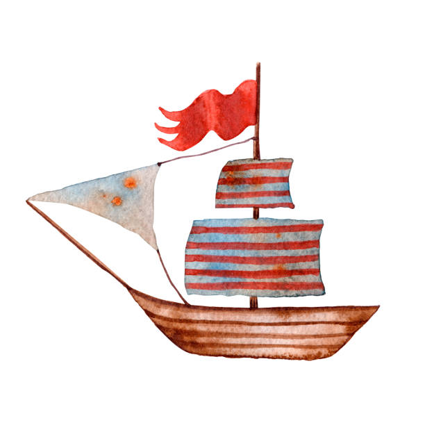 Watercolor illustration of ship. Cute hand drawn sail boat. Isolated object. Graphic pirate frigate. Old cartoon galleon. Travel wooden frigate. Red flag. Stripes sail. Sea boat from fairy tale.