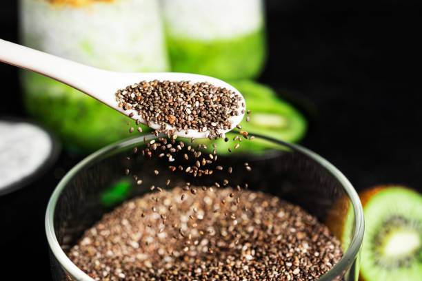 istock Chia pudding with kiwi and granola isolated on dark background. Chia pudding, mint and kiwi 1388958998