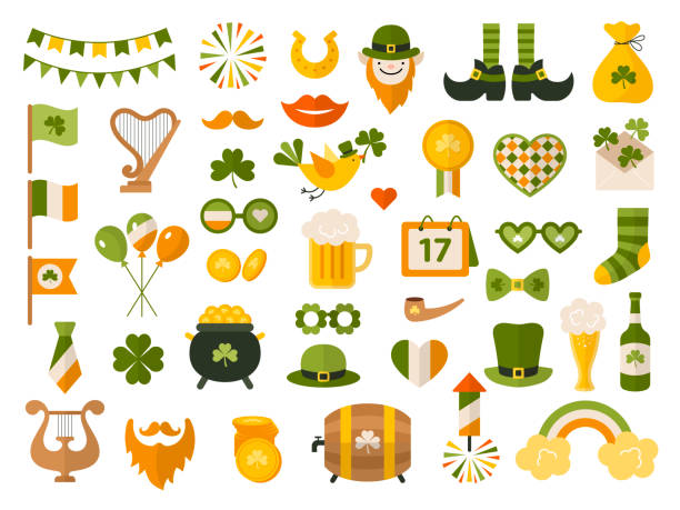 St patrick. Celebration party items green clothes leprechaun with golden coins lucky symbols clover recent vector illustrations St patrick. Celebration party items green clothes leprechaun with golden coins lucky symbols clover recent vector illustrations. Celebration party patrick, green clover and irish holiday st patricks stock illustrations