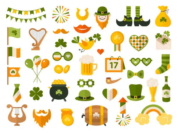 Vector illustration of St patrick. Celebration party items green clothes leprechaun with golden coins lucky symbols clover recent vector illustrations