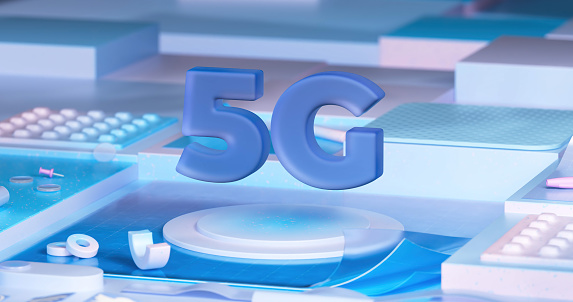 A 3D modeled image with 5G icon in centre surrounded by geometrical objects