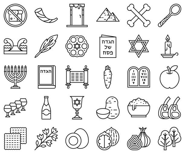 illustrations, cliparts, dessins animés et icônes de jeu d’icônes de ligne liées à la pâque, illustration vectorielle - passover