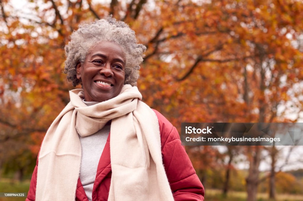 Head And Shoulders Portrait Of Senior Woman On Walk Through Autumn Countryside Against Golden Leaves Senior Adult Stock Photo