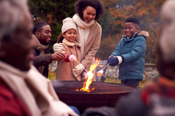 famiglia multi-generazione che si diverte a brindare ai marshmallow nel giardino autunnale insieme - fire pit foto e immagini stock