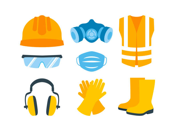 illustrations, cliparts, dessins animés et icônes de équipement de protection individuelle de travail et vecteur d’icônes de vêtements - safety sign protective workwear factory