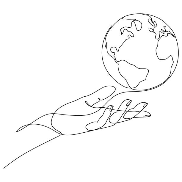 kontinuierliche linienzeichnung der menschlichen hand, die den weltplaneten erde hält. vektorillustration mit minimalem stil. - globe earth world map human hand stock-grafiken, -clipart, -cartoons und -symbole