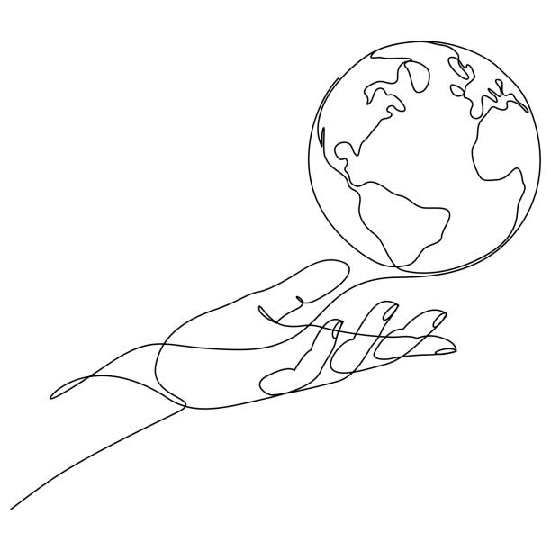 ciągły rysunek linii ludzkiej ręki trzymającej świat planety ziemia. ilustracja wektorowa w minimalnym stylu. - linia ilustracje stock illustrations