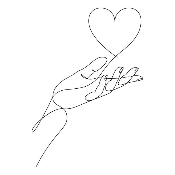 ilustrações de stock, clip art, desenhos animados e ícones de one continuous line drawing of hand holding heart. support concept. charity vector illustration. - desenho do contorno