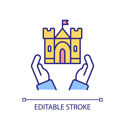 Program to save old architecture RGB color icon. Cultural heritage reservation. Care of ancient buildings. Isolated vector illustration. Simple filled line drawing. Editable stroke. Arial font used
