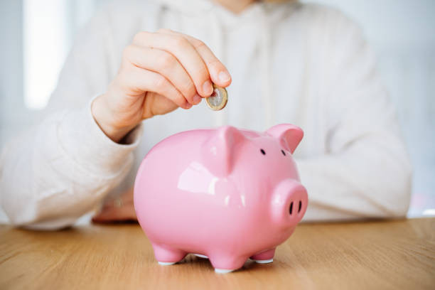 Woman hand putting money coin into piggy for saving money stock photo