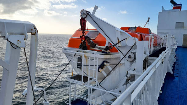 istock Lifeboat aboard a ferry on the top deck with railing 1388972009