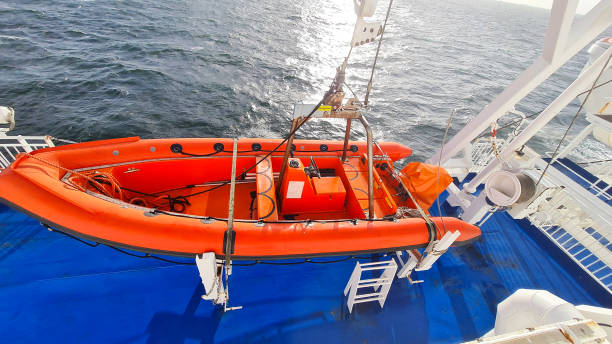 Lifeboat on a ferry, deep blue sea